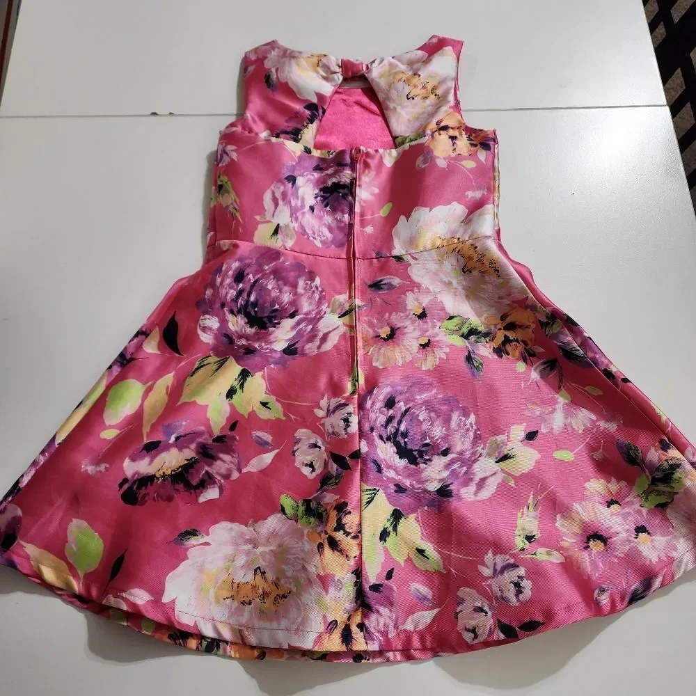 Girls Elegant Floral Magenta Pleated Easter Dress Cardigan & Headband Set Size 6